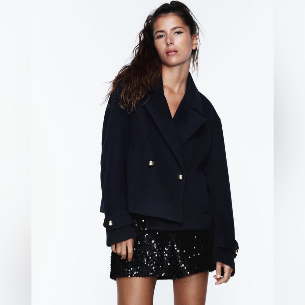 SHORT DOUBLE-BREASTED COAT - Navy blue